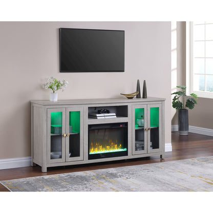 70"W White Walnut Finish Fireplace TV Stand Console with LED Light, Cabinets