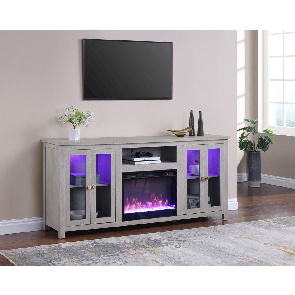70"W White Walnut Finish Fireplace TV Stand Console with LED Light, Cabinets
