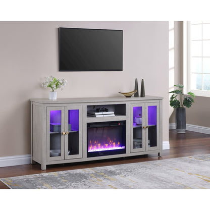 70"W White Walnut Finish Fireplace TV Stand Console with LED Light, Cabinets