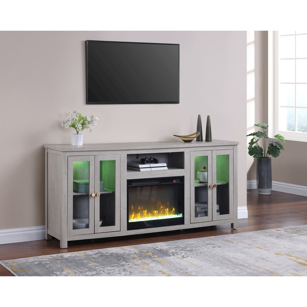 70"W White Walnut Finish Fireplace TV Stand Console with LED Light, Cabinets