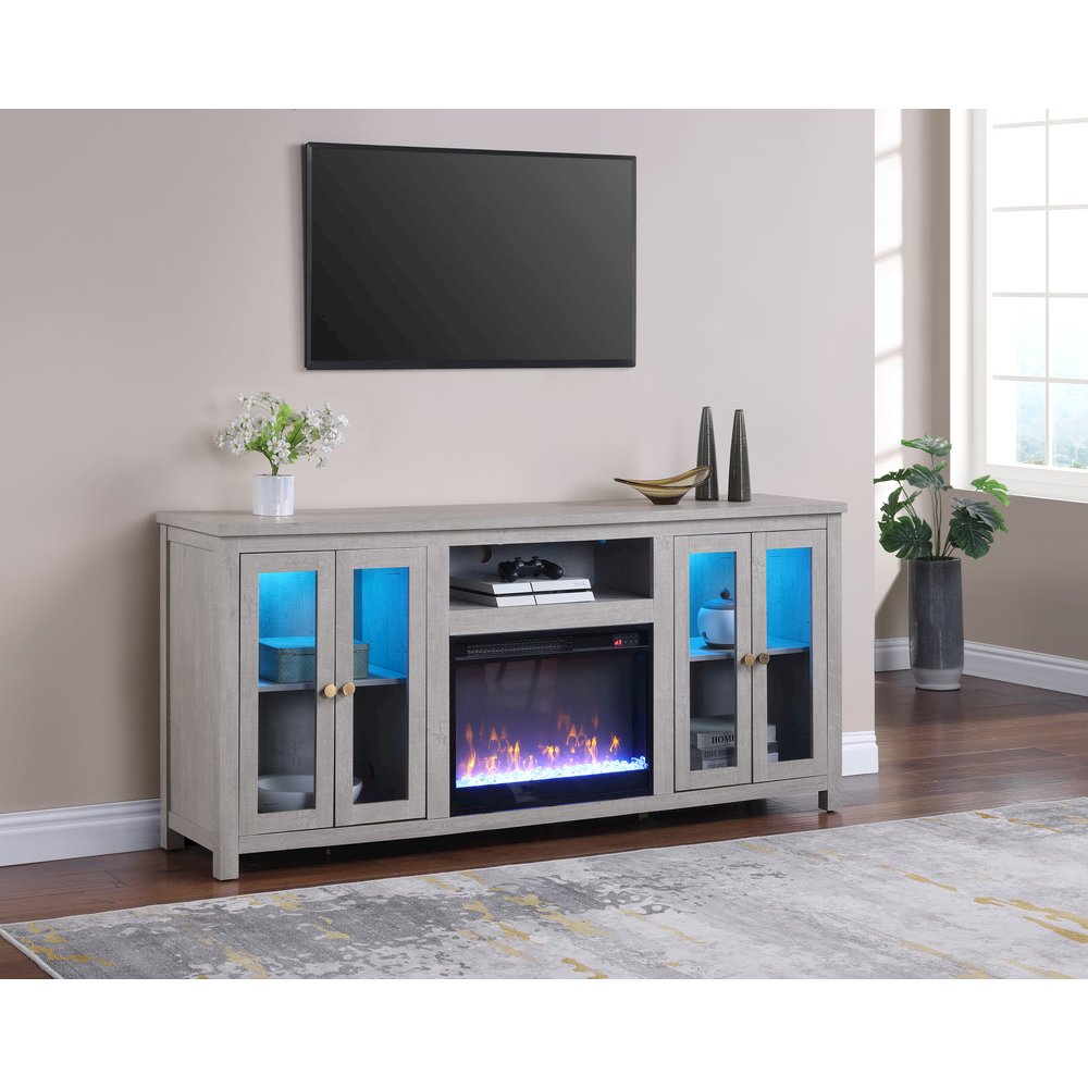 70"W White Walnut Finish Fireplace TV Stand Console with LED Light, Cabinets