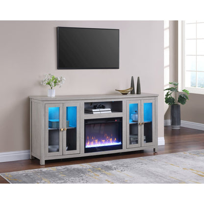 70"W White Walnut Finish Fireplace TV Stand Console with LED Light, Cabinets