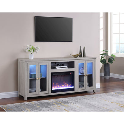 70"W White Walnut Finish Fireplace TV Stand Console with LED Light, Cabinets