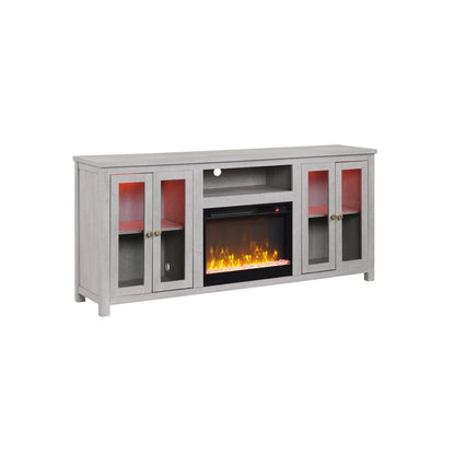 70"W White Walnut Finish Fireplace TV Stand Console with LED Light, Cabinets