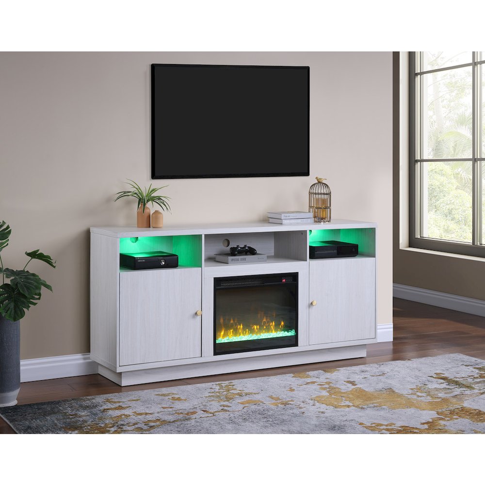 70"W White Walnut Finish Fireplace Console TV Stand with LED Light, Cabinets