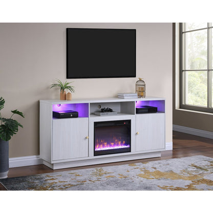 70"W White Walnut Finish Fireplace Console TV Stand with LED Light, Cabinets