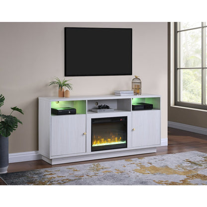 70"W White Walnut Finish Fireplace Console TV Stand with LED Light, Cabinets