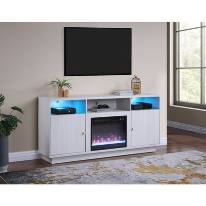 70"W White Walnut Finish Fireplace Console TV Stand with LED Light, Cabinets
