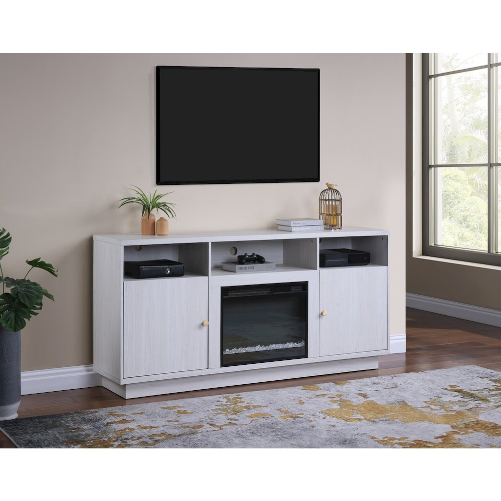 70"W White Walnut Finish Fireplace Console TV Stand with LED Light, Cabinets