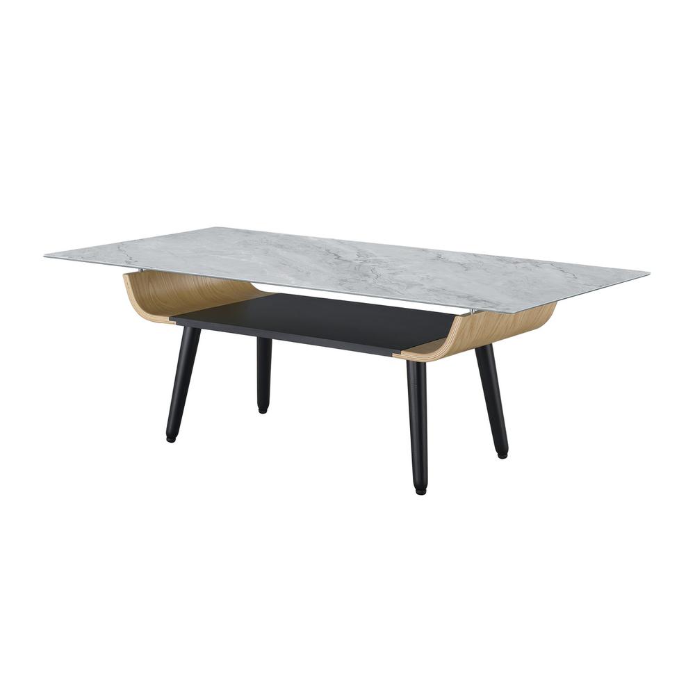 Landon Coffee Table with Glass Gray Marble Texture Top and Bent Wood Design