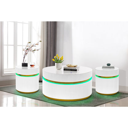 3-Piece Round Coffee Table Set with Glass Top and LED Lights