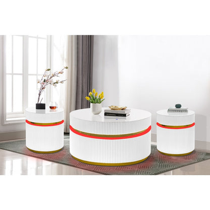 3-Piece Round Coffee Table Set with Glass Top and LED Lights