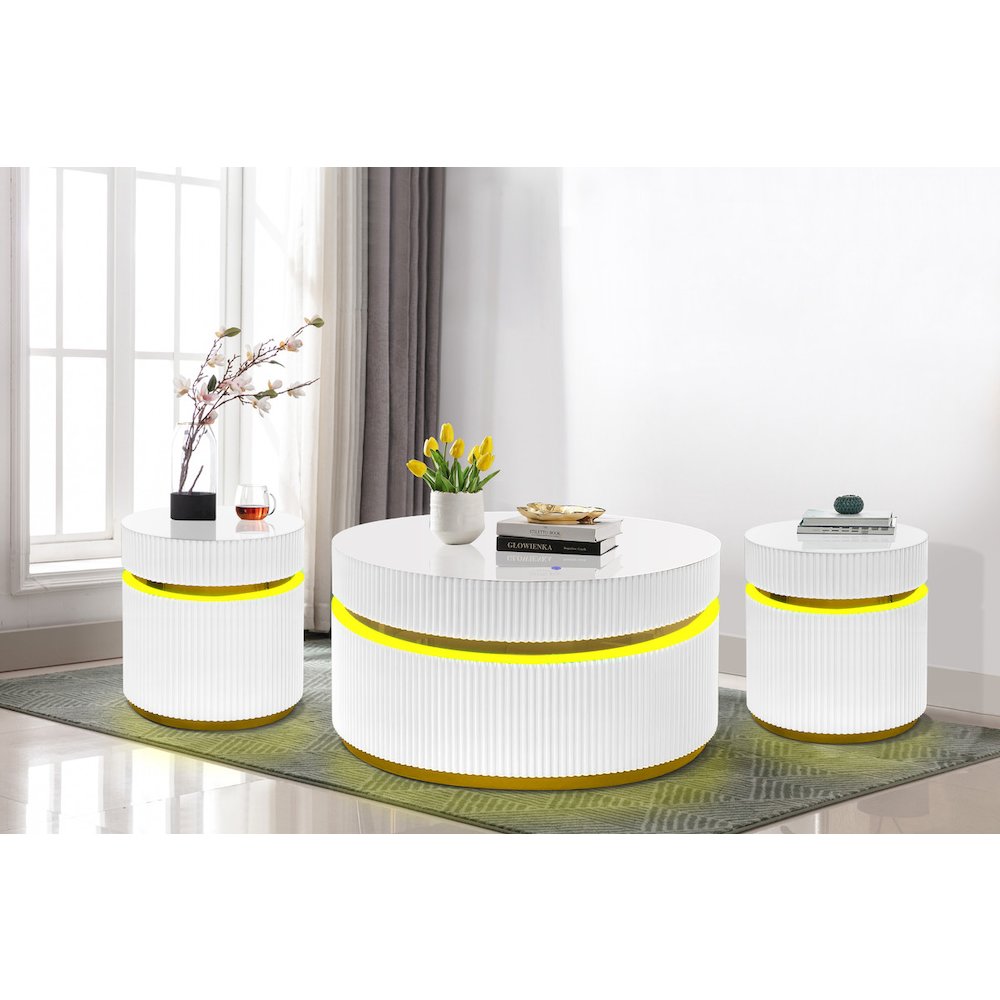 3-Piece Round Coffee Table Set with Glass Top and LED Lights