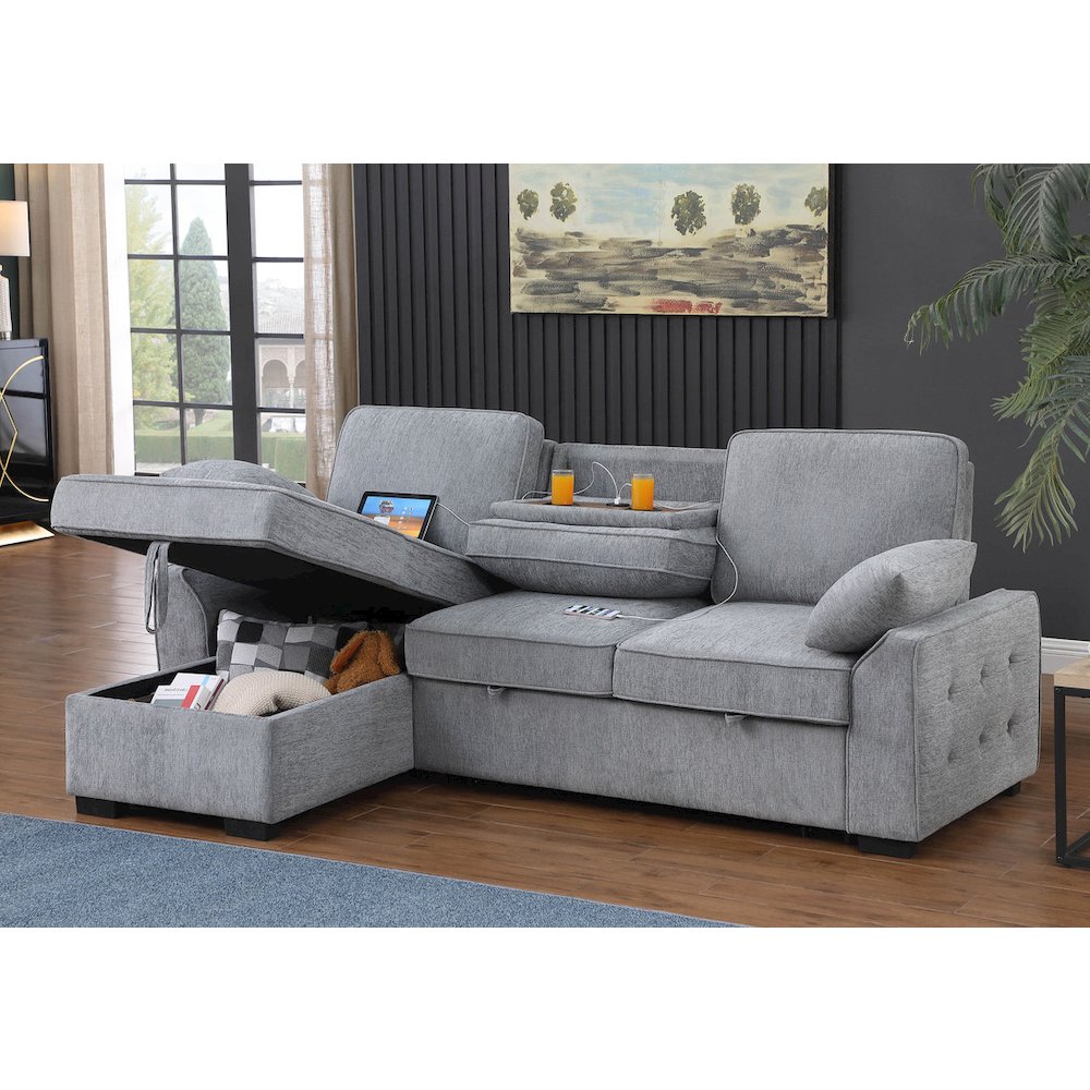 91"W Light Gray Chenille Fabric Reversible Sleeper Sectional with Storage Chaise