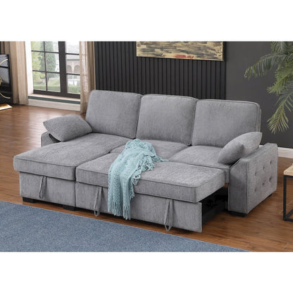 91"W Light Gray Chenille Fabric Reversible Sleeper Sectional with Storage Chaise