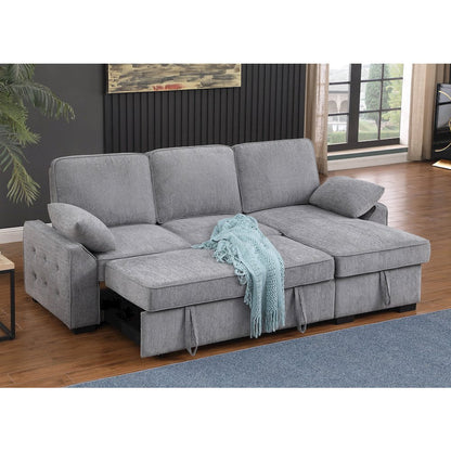 91"W Light Gray Chenille Fabric Reversible Sleeper Sectional with Storage Chaise