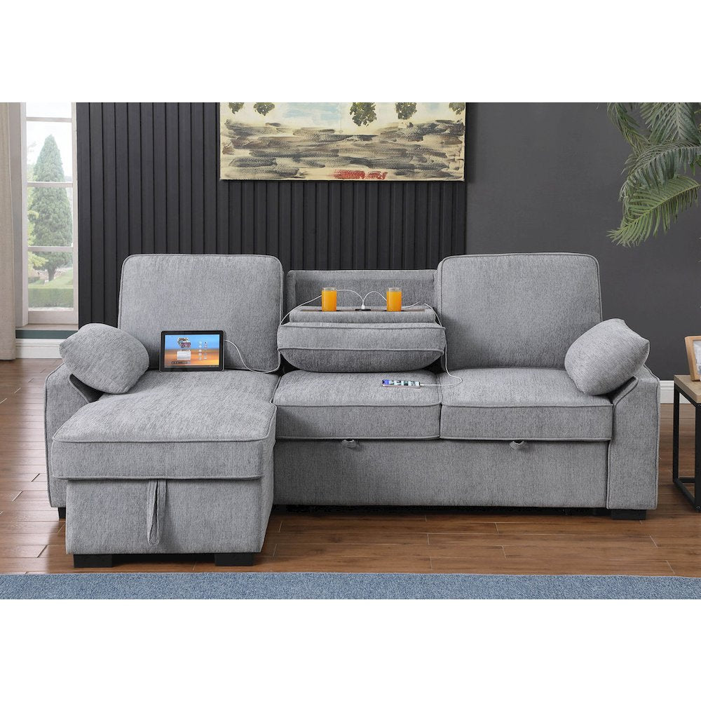 91"W Light Gray Chenille Fabric Reversible Sleeper Sectional with Storage Chaise