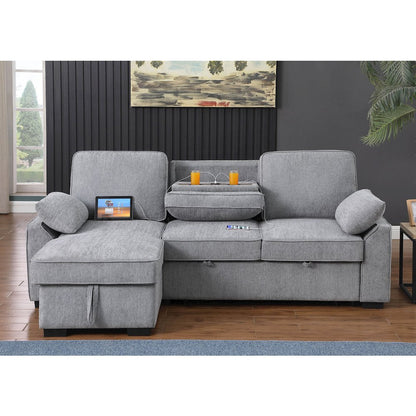 91"W Light Gray Chenille Fabric Reversible Sleeper Sectional with Storage Chaise