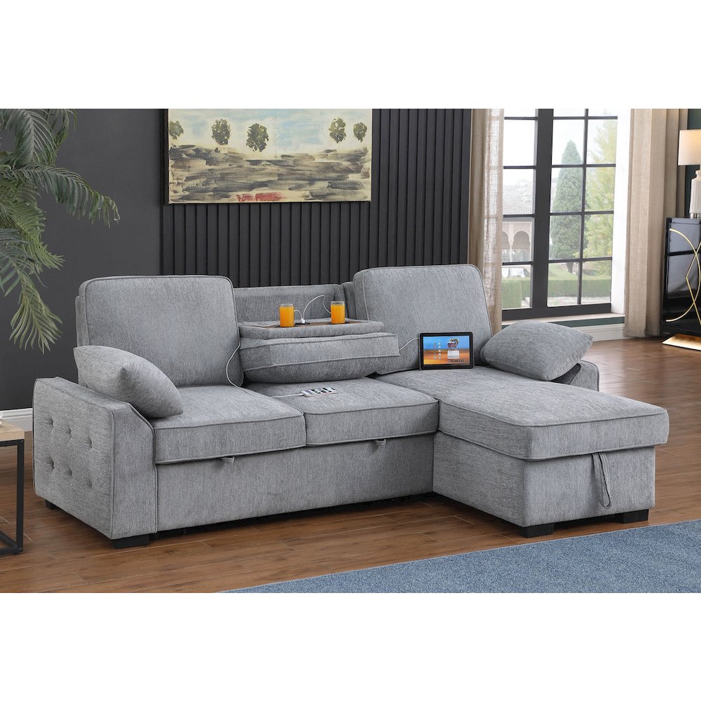 91"W Light Gray Chenille Fabric Reversible Sleeper Sectional with Storage Chaise