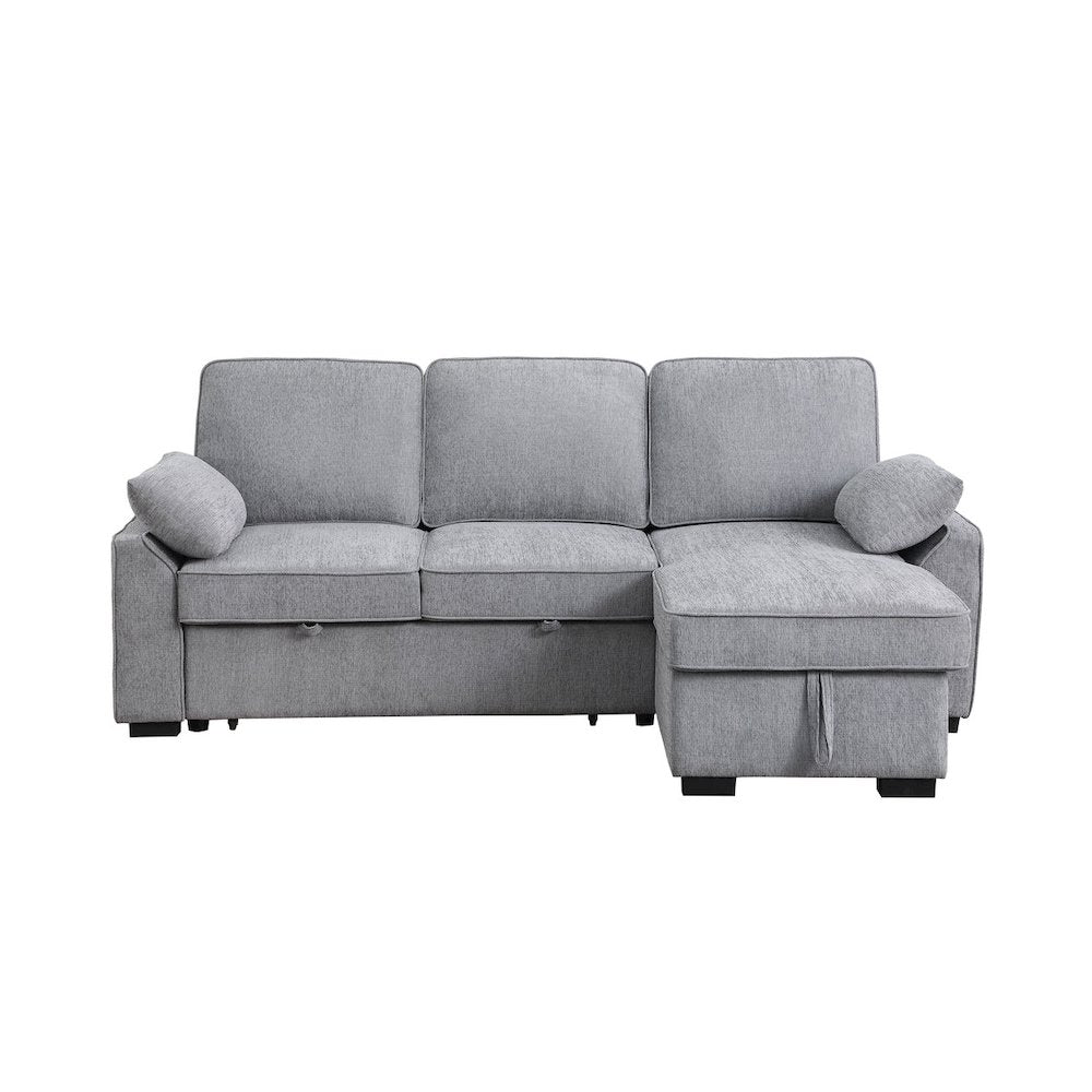 91"W Light Gray Chenille Fabric Reversible Sleeper Sectional with Storage Chaise