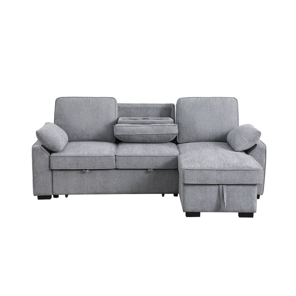 91"W Light Gray Chenille Fabric Reversible Sleeper Sectional with Storage Chaise