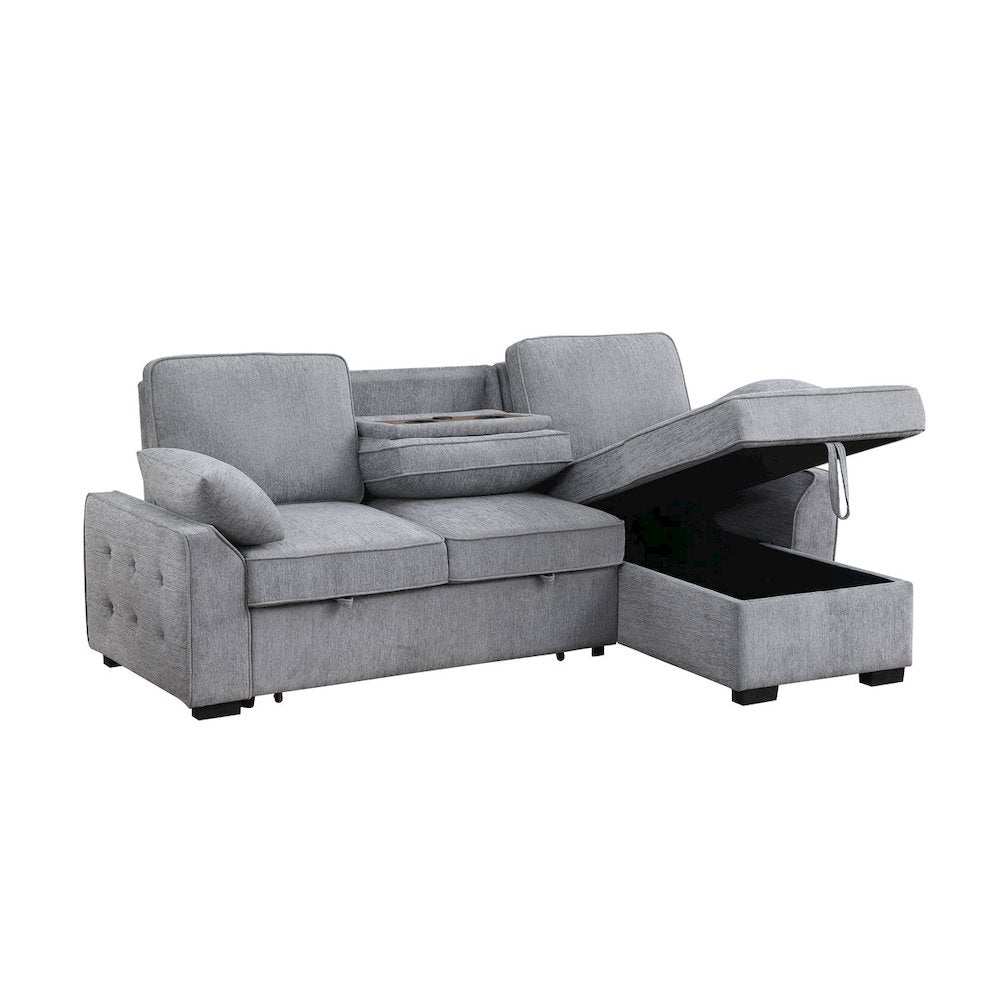 91"W Light Gray Chenille Fabric Reversible Sleeper Sectional with Storage Chaise