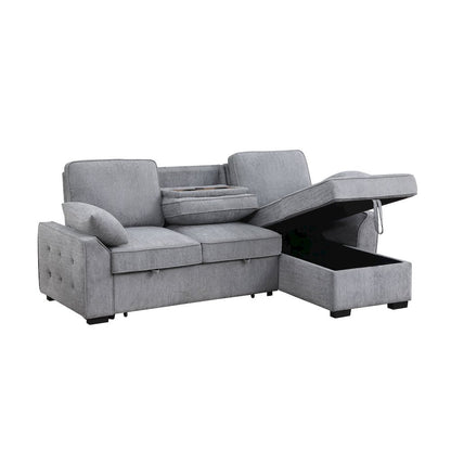 91"W Light Gray Chenille Fabric Reversible Sleeper Sectional with Storage Chaise