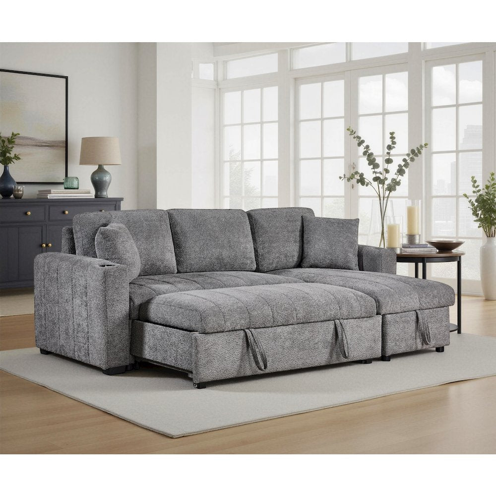 96" Gray Boucle Fabric Reversible Sleeper Sectional Sofa with Storage Chaise