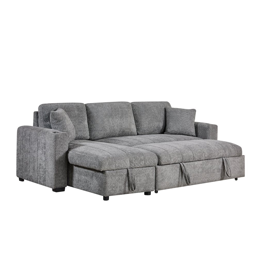 96" Gray Boucle Fabric Reversible Sleeper Sectional Sofa with Storage Chaise