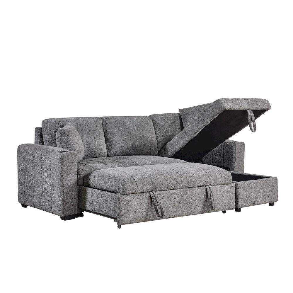 96" Gray Boucle Fabric Reversible Sleeper Sectional Sofa with Storage Chaise