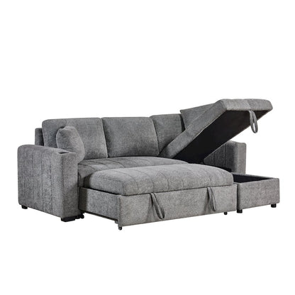 96" Gray Boucle Fabric Reversible Sleeper Sectional Sofa with Storage Chaise