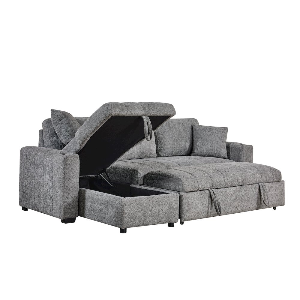 96" Gray Boucle Fabric Reversible Sleeper Sectional Sofa with Storage Chaise