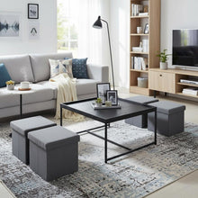 5 Piece Coffee Table Set, Storage Stools, Black Wood Grain