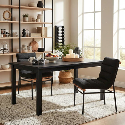 Set of 2 Dining Chairs, Black Boucle, Cognac PU, Black Iron Legs