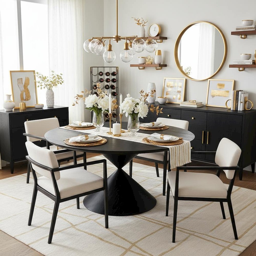 Round Dining Table, Ebony Black, Hourglass Base