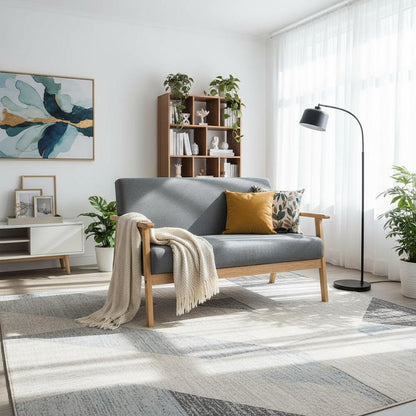Gray Loveseat, Solid Wood Frame, Natural Arms