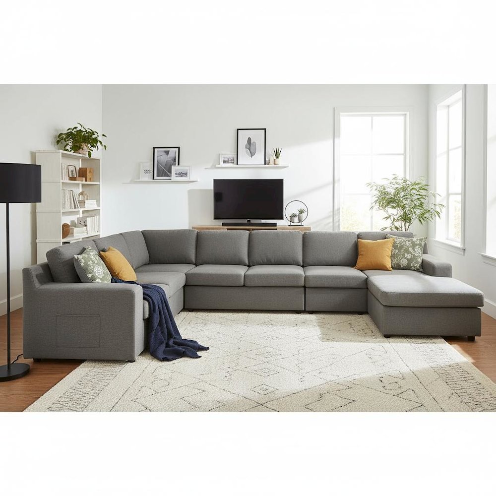 7-Seater U-Shape Sectional Sofa, Gray Linen, Modular, Pocket