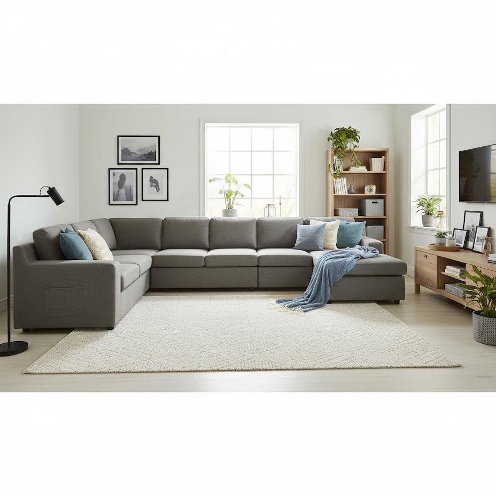 7-Seater U-Shape Sectional Sofa, Gray Linen, Modular, Pocket
