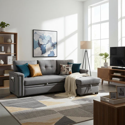 Reversible Sleeper Sectional Sofa, Storage Chaise, USB Ports, Gray