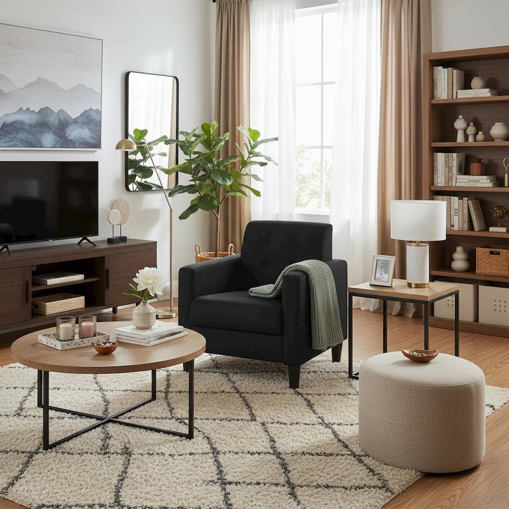 Accent Armchair, Black Velvet, Tufted Back