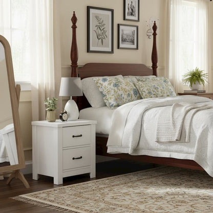 2-Drawer Nightstand, White, Black Handles