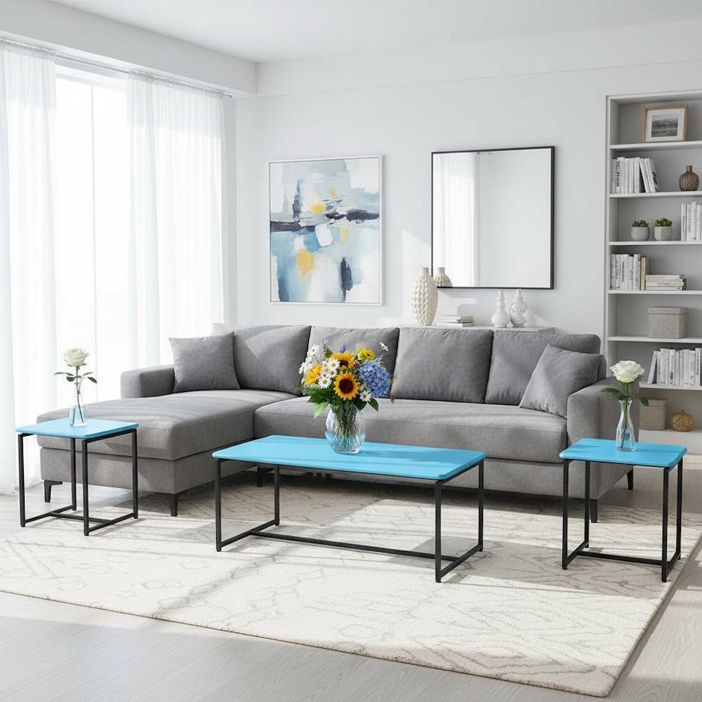 3 Piece Table Set, Carbon Fiber Wrap, Blue, Metal Frame