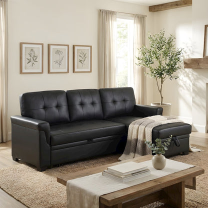 Leather-Upholstered Modern Sectional with Reversible Storage Chaise Sleeper