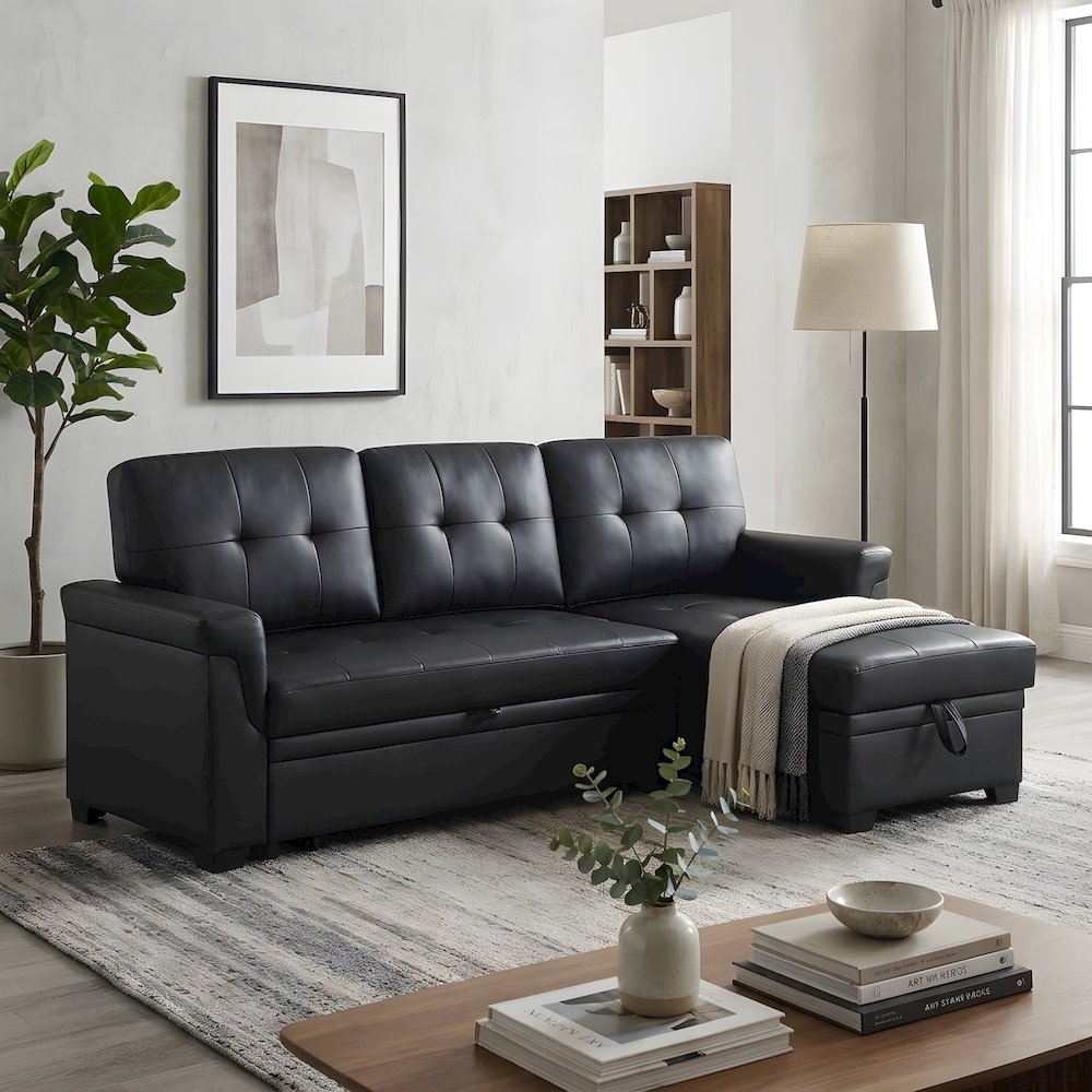 Leather-Upholstered Modern Sectional with Reversible Storage Chaise Sleeper