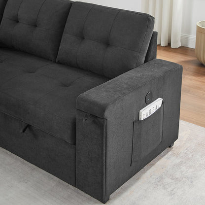 95"W Black Woven Fabric Reversible Sleeper Sectional Sofa with Storage Chaise