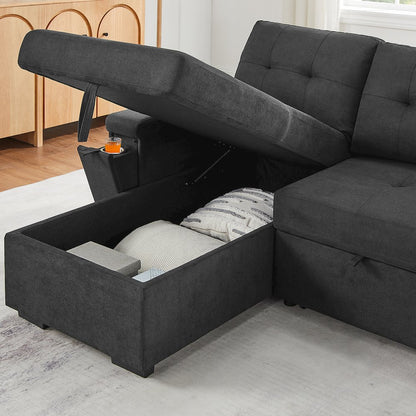 95"W Black Woven Fabric Reversible Sleeper Sectional Sofa with Storage Chaise