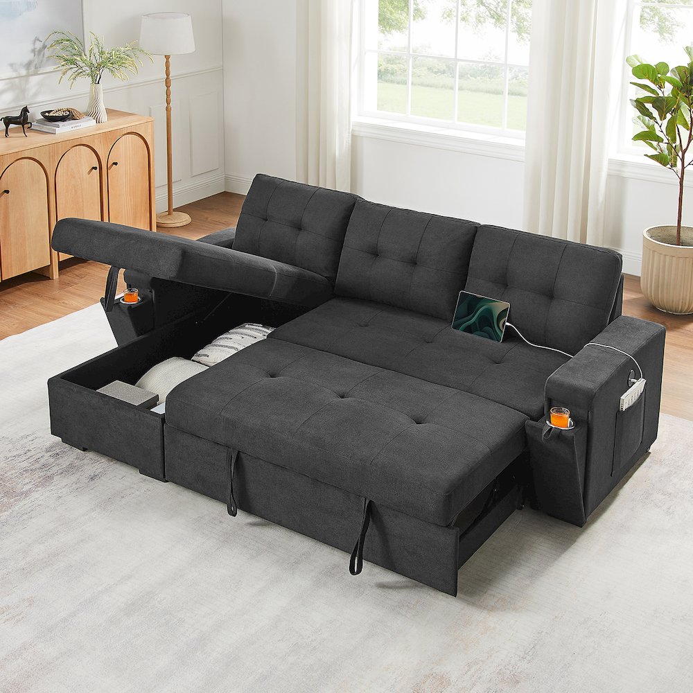 95"W Black Woven Fabric Reversible Sleeper Sectional Sofa with Storage Chaise