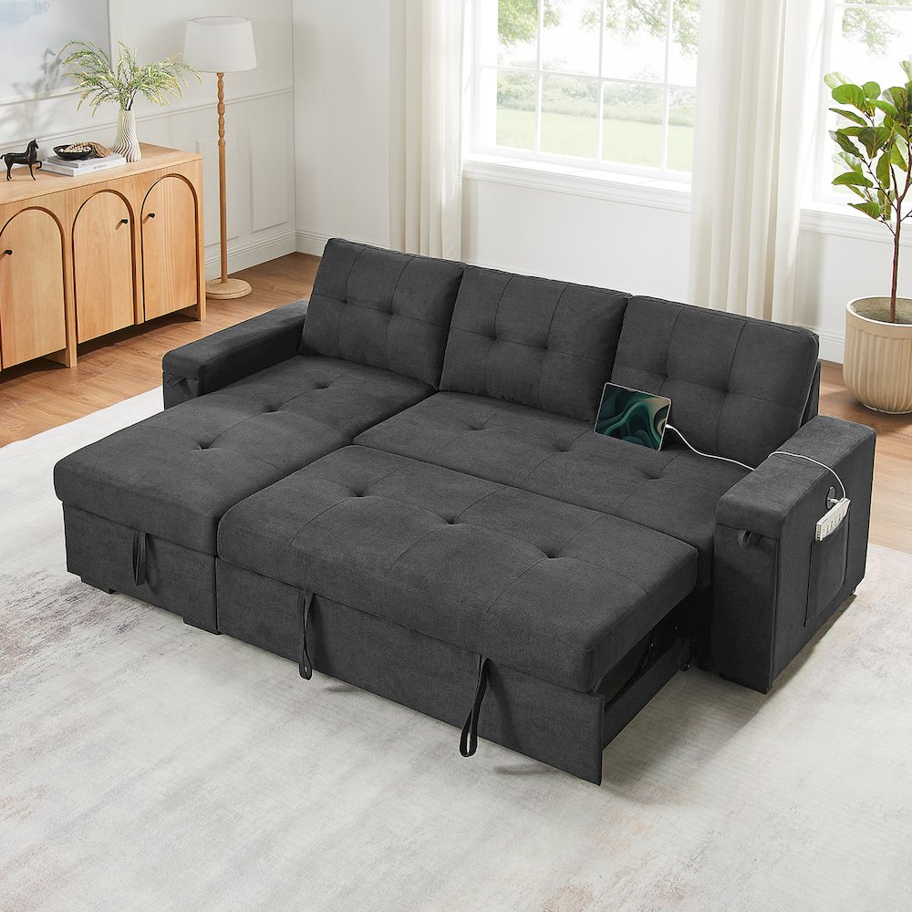 95"W Black Woven Fabric Reversible Sleeper Sectional Sofa with Storage Chaise