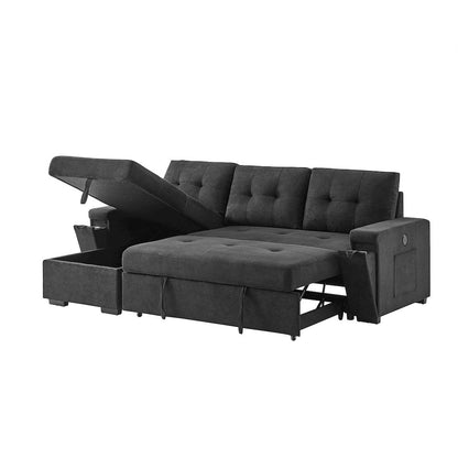 95"W Black Woven Fabric Reversible Sleeper Sectional Sofa with Storage Chaise