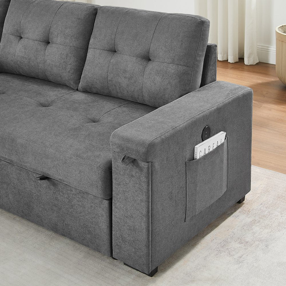 95"W Gray Woven Fabric Reversible Sleeper Sectional Sofa with Storage Chaise